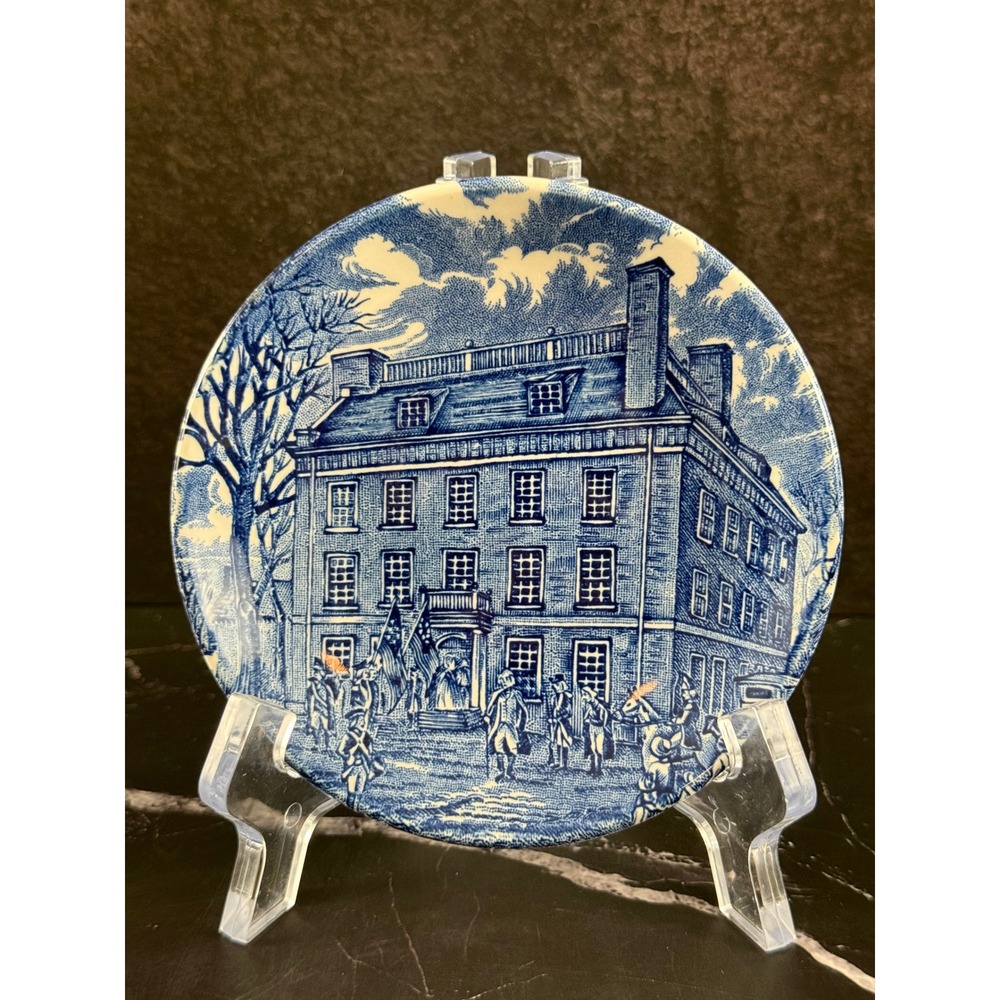 VTG Staffordshire Liberty Blue 4 1/8in Colonial Scene Ceramic Coaster MINT!